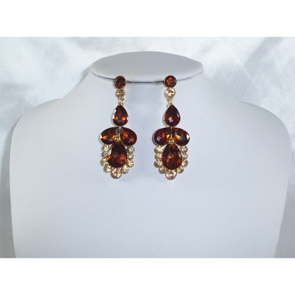 Rhinestone topaz gold long dangle drop MOB wedding prom gold topaz earrings - Picture 1 of 5